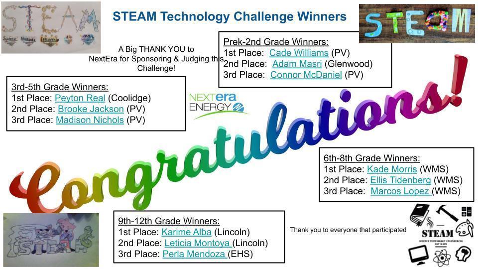 Flyer listing names of STEAM Technology Challenge Winners. For questions please contact the school number listed in the footer